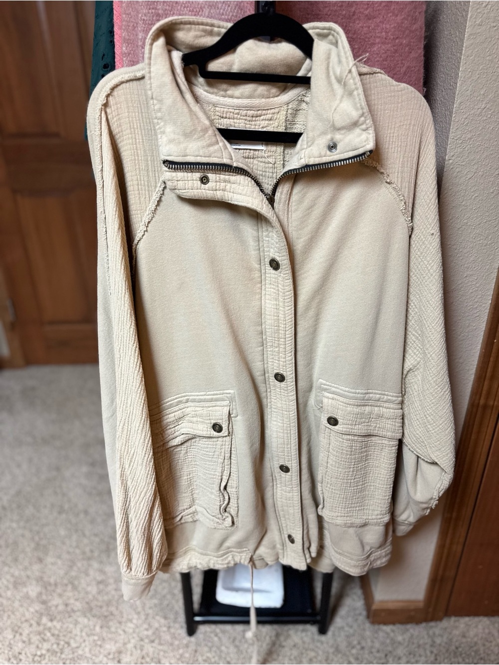 We The Free Cream Button-Up Teddy Jacket with Snap Collar
